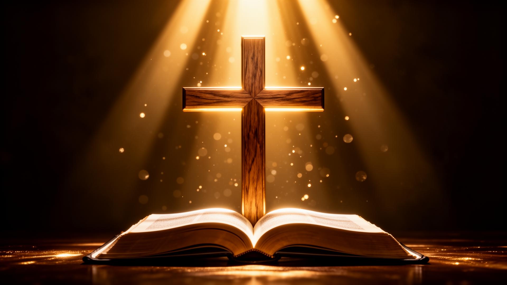 Glowing cross illuminating an open Bible